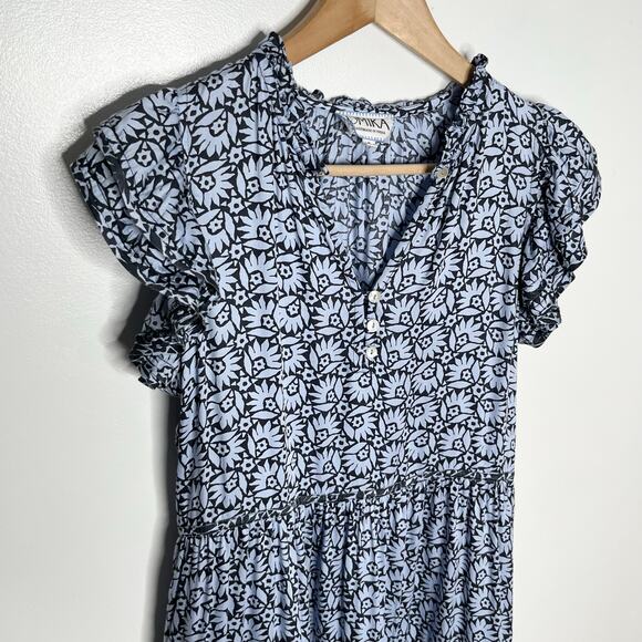 Omika Wilora Mini Dress Womens Small Blue Floral Tiered Pockets Ruffle Feminine - Picture 5 of 13